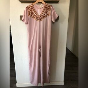 Moskkito|Dusty Rose, Pastel Wide Leg Jumpsuit w embroidered beaded detail,LARGE•